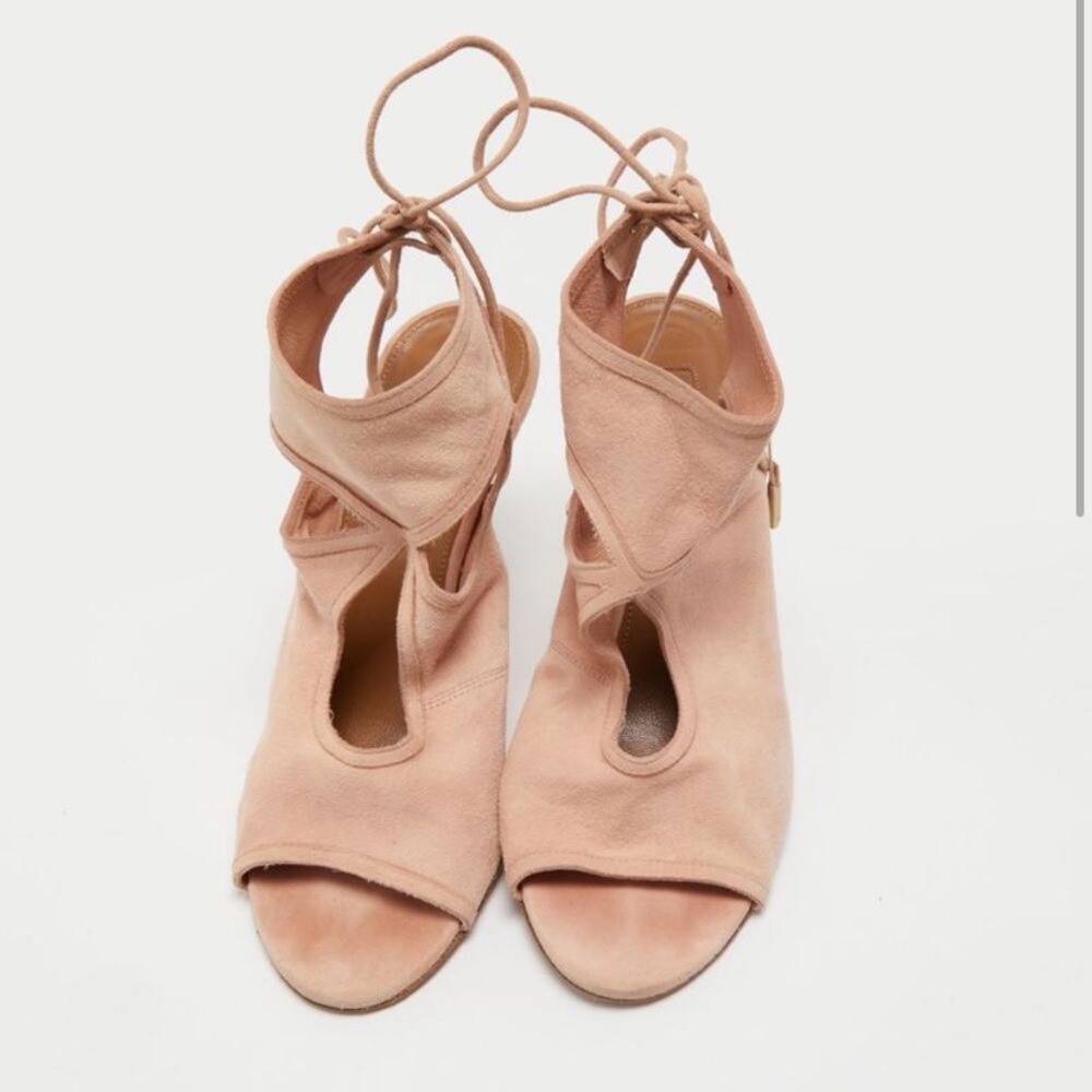 Aquazzura Tan Suede Heels with Ankle Tie Metallic Embellishments